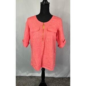 Ellen Tracy linen cotton women top blouse casual work coral pink size medium